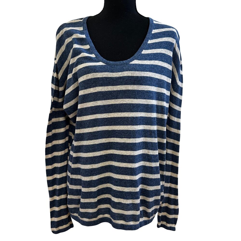 Linen Blend Navy Stripe Long Sleeve Shirt Coastal Beach XL